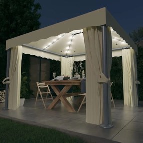 Gazebo Con Tende E Stringa Di Luci Led 3x3 M Bianco Crema /
