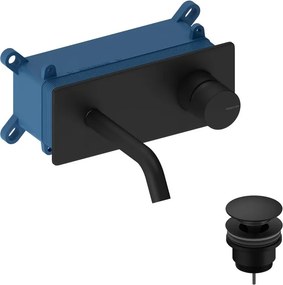 Rubinetto per lavabo Loop k monocomando a parete per lavabo bocca 14cm + corpo incasso + piletta di scarico + placa rettangolare black matt