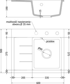 Mexen Ben lavello in granito 1-vasca con sgocciolatoio, destro 600 x 500 mm, beige, sifone dorato - 6523605000-69-G