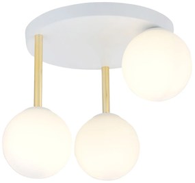 Plafoniera Contemporanea 3 Luci Teseo In Acciaio Bianco Oro E Sfere Vetro Bianco