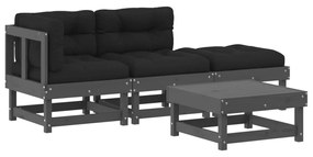 Set divani da giardino 4pz con cuscini in legno massello grigio