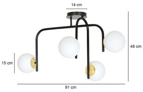 Lampadario 4 Luci Kalf In Acciaio Nero A Bracci E Sfere In Vetro Opalino E Oro