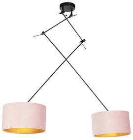Lampada a sospensione nera con paralumi in velluto rosa e oro 35 cm 2 luci - Blitz