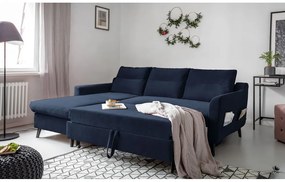 Divano letto angolare in velluto blu scuro, angolo sinistro Stylish Stan - Miuform