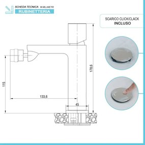 Miscelatore bidet in ottone color nichel con piletta click clack Lotus