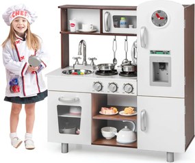 Costway Set di cucina giocattolo per bambini con suoni e luci realistiche, Cucina giocattolo in legno con fornelli Marrone