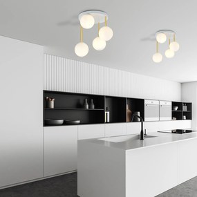 Plafoniera Contemporanea 4 Luci Teseo In Acciaio Bianco Oro E Sfere Vetro Bianco