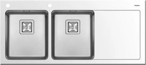 Lavello integrato 2 vasche in vetro bianco PYRAMIS Crystalon L 52 x L 116 cm, sgocciolatoio a destra