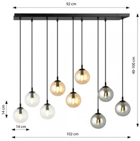 Lampadario a Sospensione in Acciaio e Vetro COSMO 9 Nero 9xE14 Colore delle Sfere Grafite, Trasparente, Ambrata