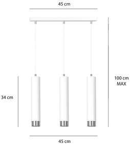 Lampadario 3 Luci Brunilde In Acciaio Bianco E Tubolari In Bianco E Cromo