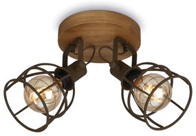 Plafoniera Vintage Korbo Metallo Ruggine Legno 2 Luci E27 Ip20