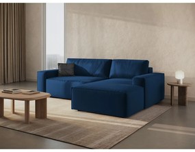 Divano angolare blu scuro allungabile/con contenitore (con penisola a destra/con chaise lounge) con rivestimento in velluto Jodie – Micadoni