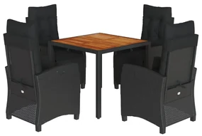 Set da pranzo da giardino 5 pz nero con cuscini in polyrattan