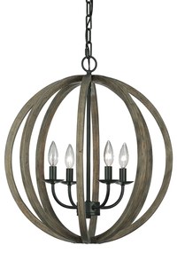 Lampadario Industrial Nordico Allier Legno Rovere Ferro Grigio 4 Luci E14