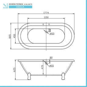 Vasca da bagno freestanding classica 177x80 Piedini cromo a zampa daquila regolabili Victoria