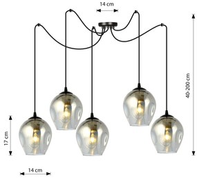 Sospensione 5 Luci Level In Acciaio Nero E Vetro Fumè Con Cavi Lunghi