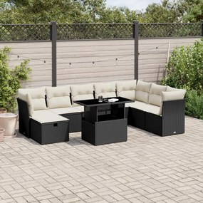 Set divani da giardino 9 pz con cuscini nero in polyrattan