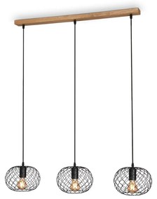 Lampadario Vintage Winki Legno Marrone Metallo Nero 3 Luci E27
