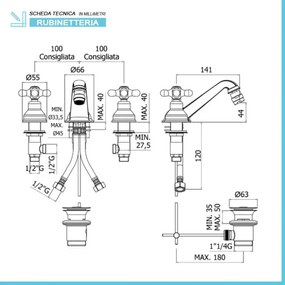 Batteria bidet Paffoni Iris a tre fori in ottone cromato con scarico incluso