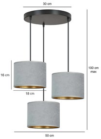 Lampadario Tondo 3 Luci Ganesha In Acciaio Nero E Paralumi In Tessuto Grigio