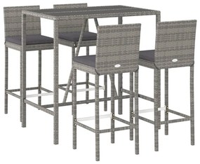 Set bar da giardino 5 pz con cuscini in polyrattan grigio