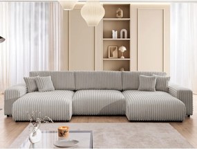 Divano angolare grigio chiaro allungabile/con contenitore (a U) rivestito in velluto a coste Sarina – Ropez