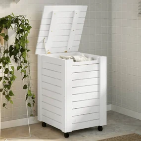 Cesta Biancheria Con Ruote Rana Bianca 45x45x64cm Massello Pino /