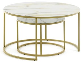 Kave Home - Set Leonor di 2 tavolini in vetro bianco e acciaio finitura oro Ã˜ 80 cm/ Ã˜ 50 cm