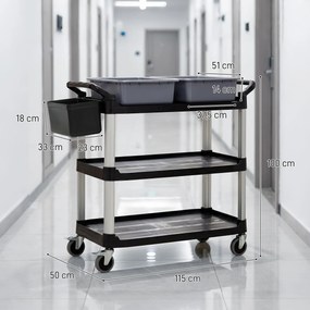 Carrello Pulizie Professionale 115x50x100 cm a 3 Ripiani con 2 Contenitori Rimovibili Bidone Laterale e 4 Ruote in PP Nero...