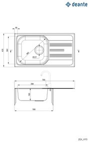 Deante ZEX_0113 - Lavello della cucina XYLO 43,5x78 cm raso