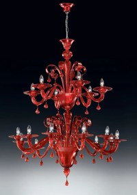 Lampadario 8+4  luci rosso  in vetro di Murano  - 911/8+4 - Vetrilamp