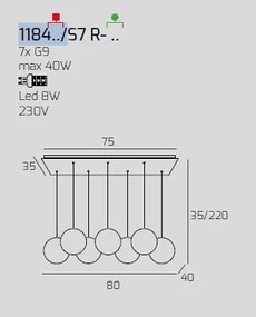 Sospensione ottone sat. 7 luci rettangolare vetri oro 1184os-s7 r-or