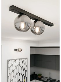 Plafoniera Moderna 2 Luci Giapeto Barra In Acciaio Nero E Sfere Di Vetro Fumè