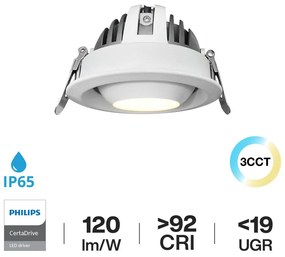 Faro LED da Incasso 12W Ø75mm IP40 CCT Orientabile, Philips CertaDrive Colore Bianco Variabile CCT