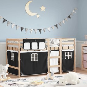 Letto A Soppalco Con Tende Bambini Bianco E Nero 90x200 Cm Pino /