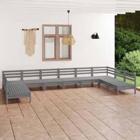 Set Salotto da Giardino 10 pz Grigio in Legno Massello di Pino