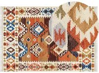 Tappeto Kilim multicolore in lana e cotone 200 x 300 cm Fatto a mano con motivo patchwork Boho e frange.