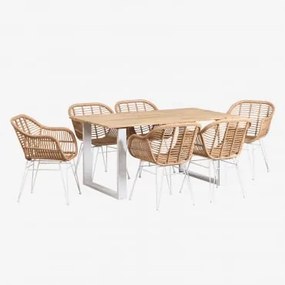 Set Tavolo Rettangolare In Legno (160x90 Cm) Melina E 6 Sedie Da Giardino In Rattan Sintetico Zole Bianco - Sklum