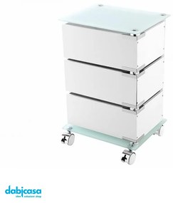Carrello In Acciaio Cromato Con Ripiani in Vetro Temperato 3 Cassetti Girevole