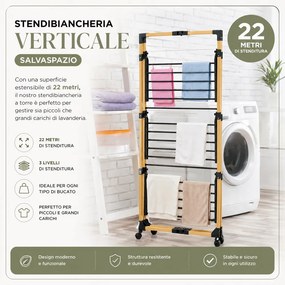 Stendibiancheria a Torre Verticale a 3 Livelli 69x69x136 cm Pieghevole con Ruote Nero e Legno...