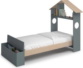 Letto da bambini a forma di casa di colore naturale/verde polveroso con effetto pino con contenitore con rete inclusa 90x190 cm Odessa – Marckeric