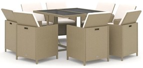 Set da pranzo per giardino 9 pz con cuscini in polyrattan beige