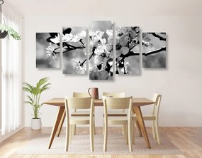 Quadri 5 pezzi – Fiore di ciliegio in bianco e nero