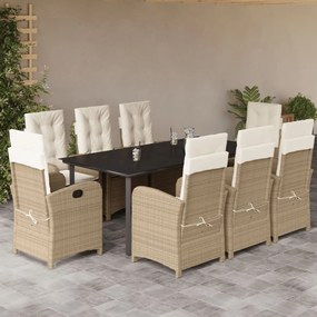 Set da pranzo da giardino 9 pz con cuscini beige in polyrattan