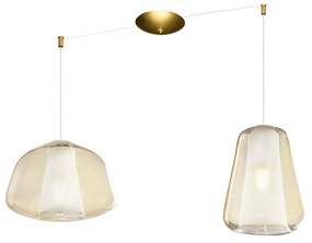 Lampadario Contemporaneo Double Skin Metallo Ottone Vetro Ambra 2 Luci E27