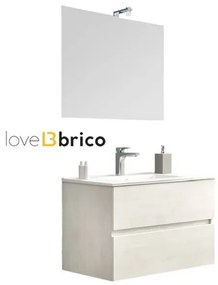 Mobile da bagno sospeso 80 cm con lavabo, specchio e led rovere bianco