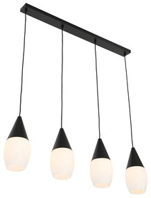 Lampada a sospensione moderna nera con vetro opalino 4 luci - Drop
