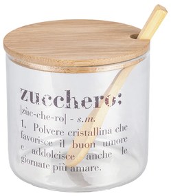 Zuccheriera con scritta in vetro borosilicato con coperchio in bambù e cucchiain Victionary