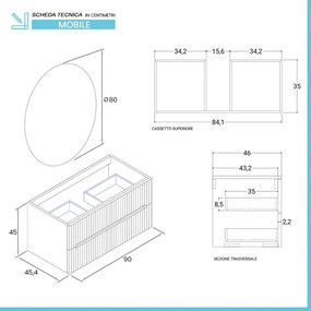 Mobile bagno sospeso cannettato 90 cm verde con specchio Bali