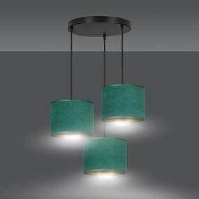 Lampadario Tondo 3 Luci Ganesha In Acciaio Nero E Paralumi In Tessuto Verde